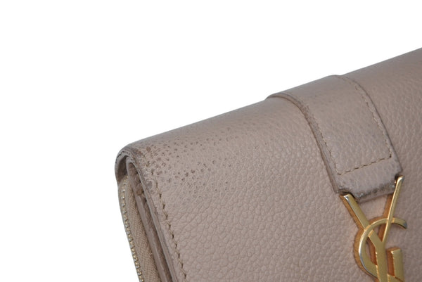 SAINT LAURENT サンローラン カサンドラ ジップウォレット 二つ折り財布 グレイン ド プードル レザー ベージュ ゴールド金具 良品 中古 4b010788