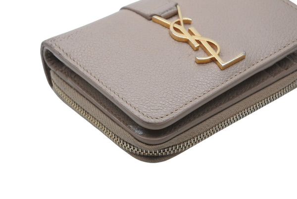 SAINT LAURENT サンローラン カサンドラ ジップウォレット 二つ折り財布 グレイン ド プードル レザー ベージュ ゴールド金具 良品 中古 4b010788