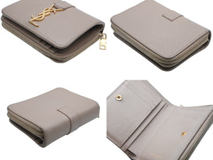SAINT LAURENT サンローラン カサンドラ ジップウォレット 二つ折り財布 グレイン ド プードル レザー ベージュ ゴールド金具 良品 中古 4b010788