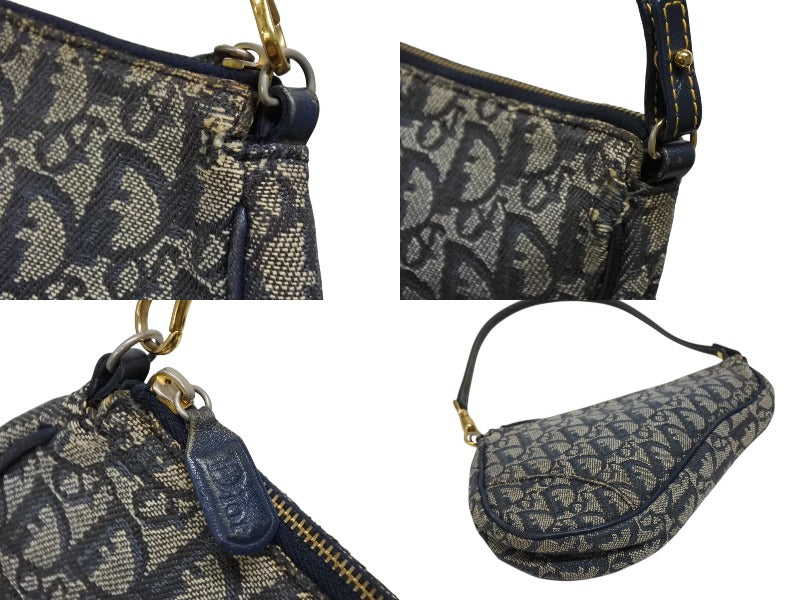 CHRISTIAN DIOR クリスチャンディオール サドルポーチ アクセサリーポーチ MC 0031 ネイビー トロッター柄 ガリアーノ期 良品 中古 4b010801