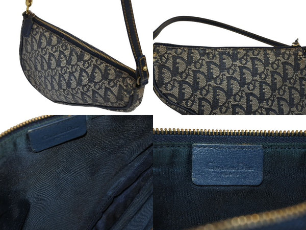 CHRISTIAN DIOR クリスチャンディオール サドルポーチ アクセサリーポーチ MC 0031 ネイビー トロッター柄 ガリアーノ期 良品 中古 4b010801