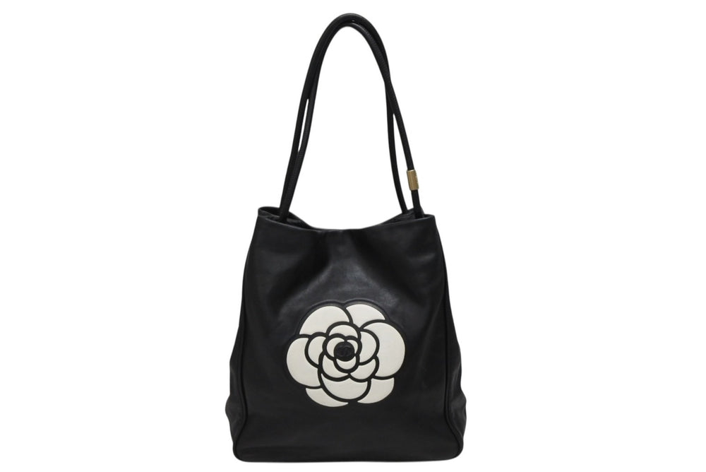CHANEL シャネル カメリア ロゴデザイン ワンショルダーバッグ 4番台 ブラック レザー ゴールド金具 美品 中古 4b010842