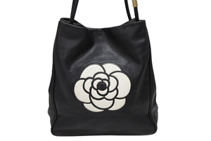 CHANEL シャネル カメリア ロゴデザイン ワンショルダーバッグ 4番台 ブラック レザー ゴールド金具 美品 中古 4b010842