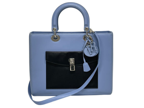 Christian Dior クリスチャンディオール ディオリッシモ 2WAY ハンドバッグ 18-MA-0154 ブルー ブラック レザー シルバー 金具 美品 中古 4b010844