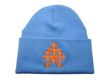 画像をギャラリービューアに読み込む, CHROME HEARTS クロムハーツ ニット帽 セメタリークロス ビーニー アクリル ブルー オレンジ 美品 中古 4b010870