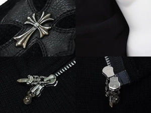 極美品 CHROME HEARTS クロムハーツ カシミヤ ダガージップ ニット クロスパッチ カシミヤ ブラック 中古 4b010876