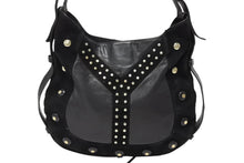 Load image into Gallery viewer, SAINT LAURENT サンローラン トムフォード期 スタッズ ハンドバッグ ブラック カーフスキン スウェード ゴールド金具 美品 中古 4b010995