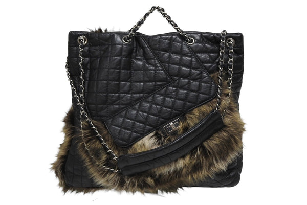 CHANEL シャネル 2WAYバッグ 13番台 2.55 ココマーク カーフスキン フェイクファー ブラック シルバー金具 美品 中古 4b011015