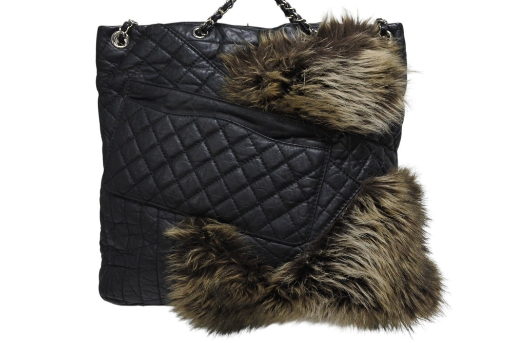 CHANEL シャネル 2WAYバッグ 13番台 2.55 ココマーク カーフスキン フェイクファー ブラック シルバー金具 美品 中古 4b011015