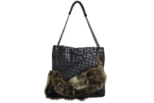 CHANEL シャネル 2WAYバッグ 13番台 2.55 ココマーク カーフスキン フェイクファー ブラック シルバー金具 美品 中古 4b011015