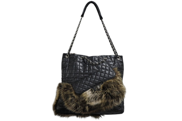 CHANEL シャネル 2WAYバッグ 13番台 2.55 ココマーク カーフスキン フェイクファー ブラック シルバー金具 美品 中古 4b011015