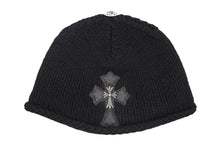 Load image into Gallery viewer, CHROME HEARTS クロムハーツ クロスパッチ ニットキャップ タイニークロス ビーニー カシミヤ レザー シルバー925 ブラック 美品 中古 4b011147