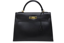Load image into Gallery viewer, HERMES エルメス ケリー32 外縫い ブラック ◻︎D刻印 カーフスキン ゴールド金具 ハンドバッグ 2WAY 美品 中古 4b011201