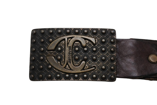 Just cavalli ジャストカヴァリ ベルト スタッズ レザー メタル ダークブラウン アンティークゴールド金具 サイズ85 美品 中古 4b011215