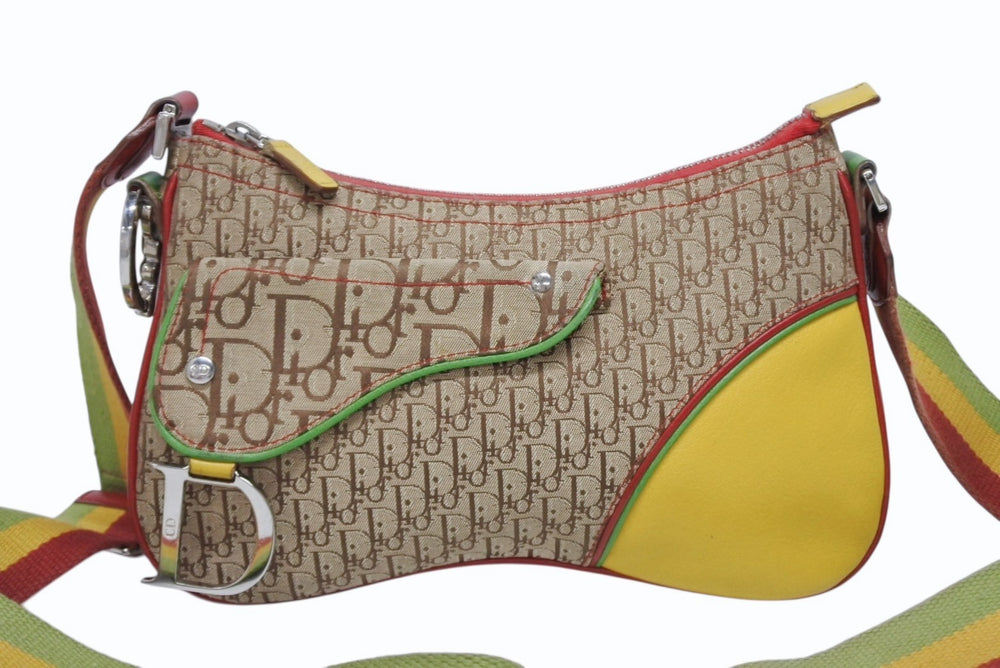 Very Good Condition Christian Dior Shoulder Bag Trotter Rasta Color Leather Canvas Silver Hardware Used 4b011226