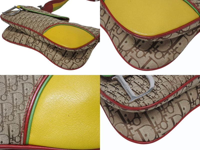 Very Good Condition Christian Dior Shoulder Bag Trotter Rasta Color Leather Canvas Silver Hardware Used 4b011226