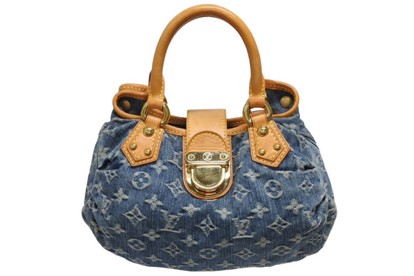 LOUIS VUITTON ルイヴィトン プリーティ ハンドバッグ M95020 モノグラム デニム レザー ブルー ゴールド金具 美品 中古 4b011346