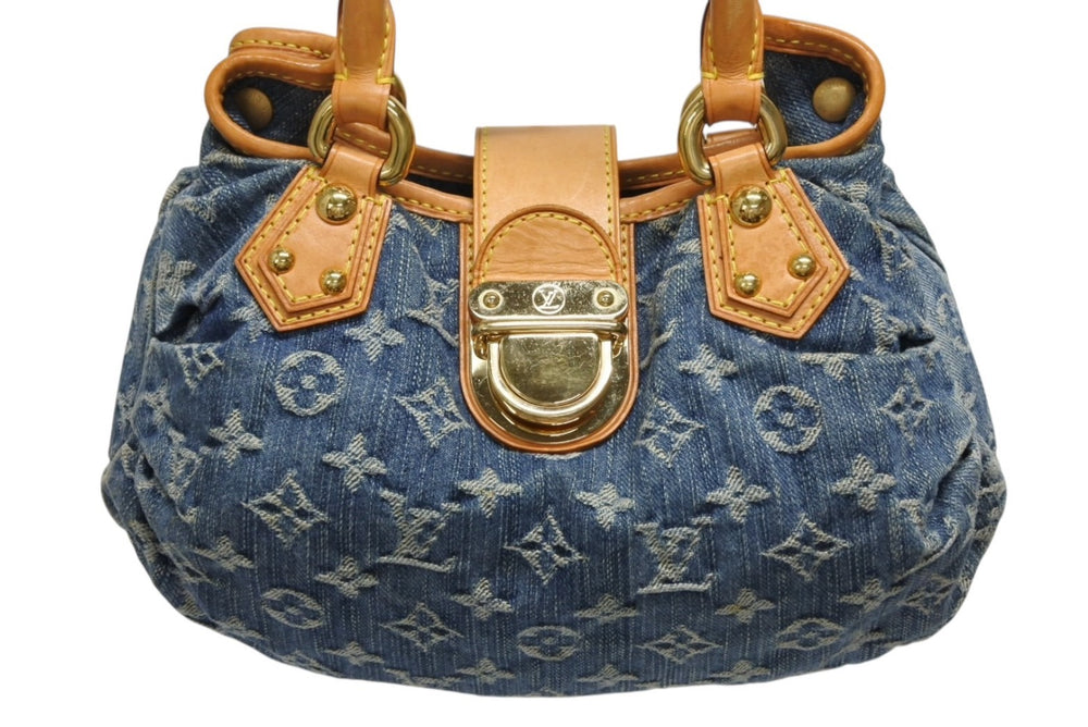 LOUIS VUITTON ルイヴィトン プリーティ ハンドバッグ M95020 モノグラム デニム レザー ブルー ゴールド金具 美品 中古 4b011346