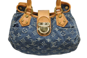 LOUIS VUITTON ルイヴィトン プリーティ ハンドバッグ M95020 モノグラム デニム レザー ブルー ゴールド金具 美品 中古 4b011346