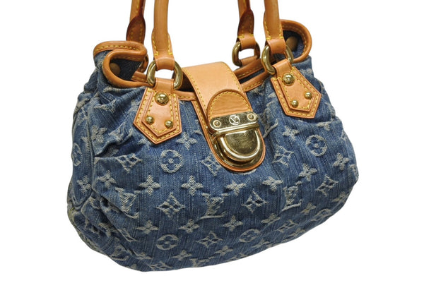 LOUIS VUITTON ルイヴィトン プリーティ ハンドバッグ M95020 モノグラム デニム レザー ブルー ゴールド金具 美品 中古 4b011346