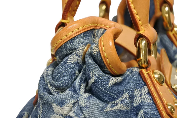 LOUIS VUITTON ルイヴィトン プリーティ ハンドバッグ M95020 モノグラム デニム レザー ブルー ゴールド金具 美品 中古 4b011346