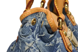 LOUIS VUITTON ルイヴィトン プリーティ ハンドバッグ M95020 モノグラム デニム レザー ブルー ゴールド金具 美品 中古 4b011346