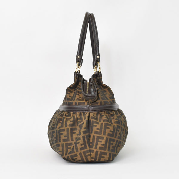 Very good condition FENDI handbag 8BH186 Zucca pattern all over pattern canvas leather brown gold hardware used 4b011363