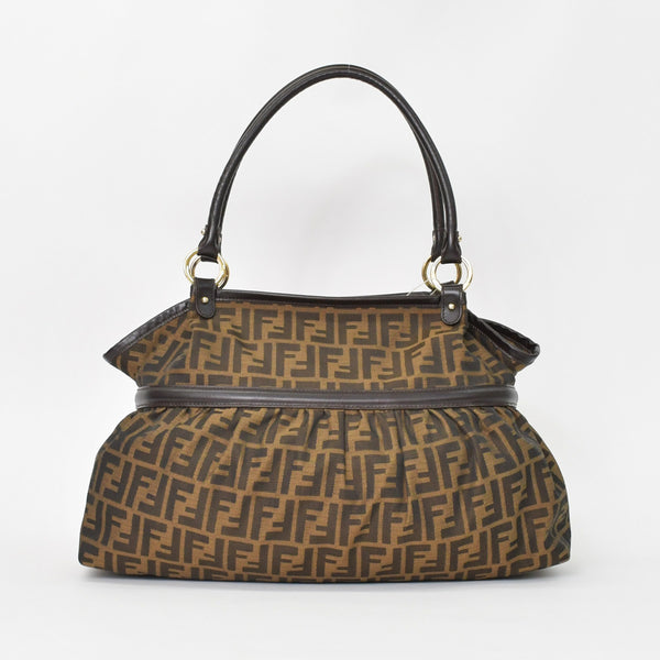 Very good condition FENDI handbag 8BH186 Zucca pattern all over pattern canvas leather brown gold hardware used 4b011363