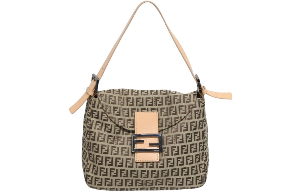 極美品 FENDI フェンディ ズッキーノ柄 マンマバケット ワンショルダーバッグ SBR004 ベージュ ブラウン シルバー金具 中古 4b011411