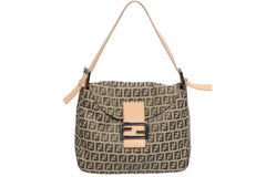 極美品 FENDI フェンディ ズッキーノ柄 マンマバケット ワンショルダーバッグ SBR004 ベージュ ブラウン シルバー金具 中古 4b011411