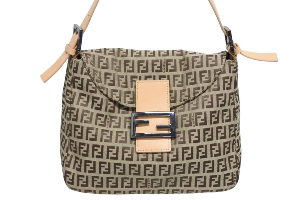 極美品 FENDI フェンディ ズッキーノ柄 マンマバケット ワンショルダーバッグ SBR004 ベージュ ブラウン シルバー金具 中古 4b011411