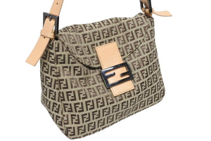 極美品 FENDI フェンディ ズッキーノ柄 マンマバケット ワンショルダーバッグ SBR004 ベージュ ブラウン シルバー金具 中古 4b011411