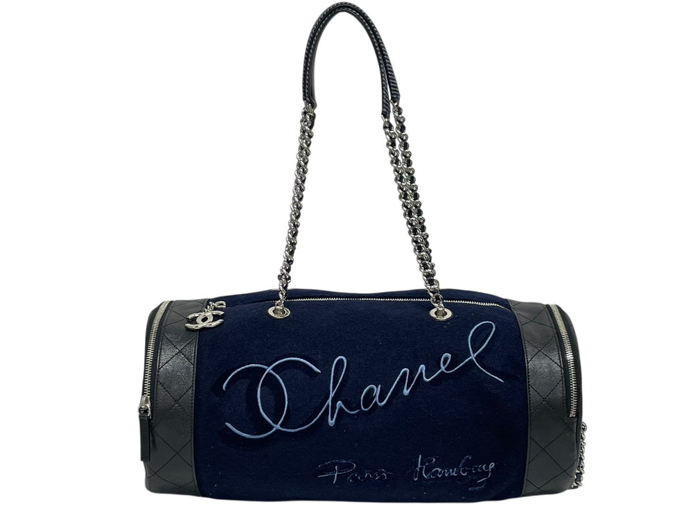 極美品 CHANEL シャネル エンブロイダリー ワンショルダーバッグ 26番台 ネイビー ブルー ウール レザー シルバー金具 中古 4b011595