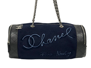 極美品 CHANEL シャネル エンブロイダリー ワンショルダーバッグ 26番台 ネイビー ブルー ウール レザー シルバー金具 中古 4b011595