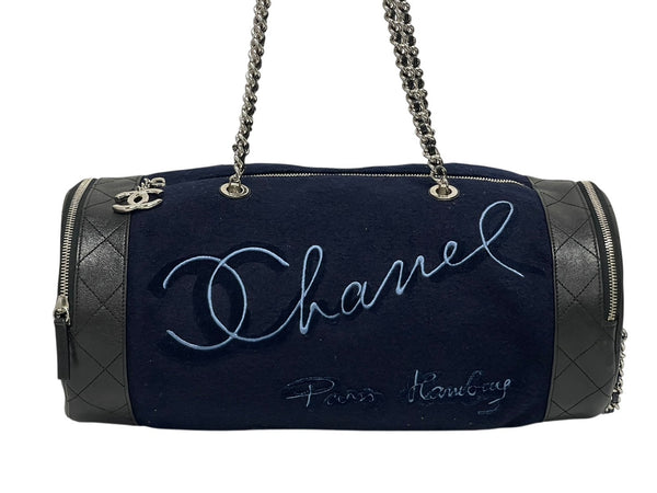 極美品 CHANEL シャネル エンブロイダリー ワンショルダーバッグ 26番台 ネイビー ブルー ウール レザー シルバー金具 中古 4b011595