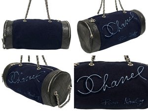 極美品 CHANEL シャネル エンブロイダリー ワンショルダーバッグ 26番台 ネイビー ブルー ウール レザー シルバー金具 中古 4b011595
