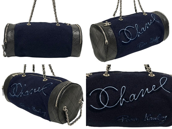 極美品 CHANEL シャネル エンブロイダリー ワンショルダーバッグ 26番台 ネイビー ブルー ウール レザー シルバー金具 中古 4b011595