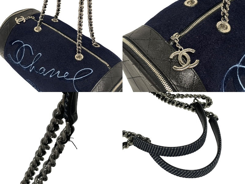 Very Good Condition CHANEL Embroidered One Shoulder Bag No. 26 Navy Blue Wool Leather Silver Hardware Used 4b011595