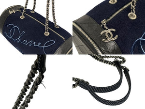 極美品 CHANEL シャネル エンブロイダリー ワンショルダーバッグ 26番台 ネイビー ブルー ウール レザー シルバー金具 中古 4b011595