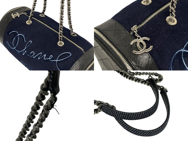 極美品 CHANEL シャネル エンブロイダリー ワンショルダーバッグ 26番台 ネイビー ブルー ウール レザー シルバー金具 中古 4b011595