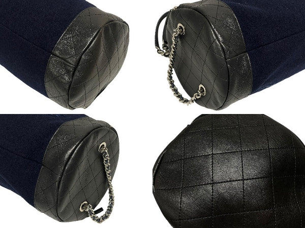 極美品 CHANEL シャネル エンブロイダリー ワンショルダーバッグ 26番台 ネイビー ブルー ウール レザー シルバー金具 中古 4b011595