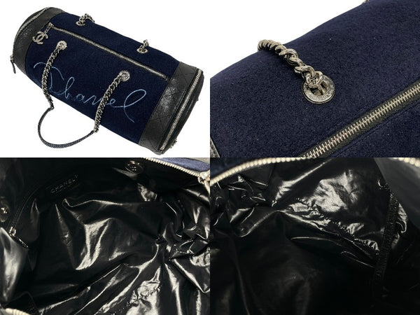 極美品 CHANEL シャネル エンブロイダリー ワンショルダーバッグ 26番台 ネイビー ブルー ウール レザー シルバー金具 中古 4b011595
