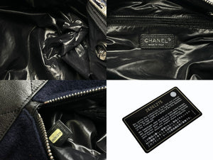 極美品 CHANEL シャネル エンブロイダリー ワンショルダーバッグ 26番台 ネイビー ブルー ウール レザー シルバー金具 中古 4b011595