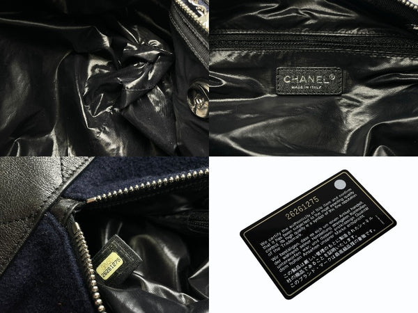 極美品 CHANEL シャネル エンブロイダリー ワンショルダーバッグ 26番台 ネイビー ブルー ウール レザー シルバー金具 中古 4b011595