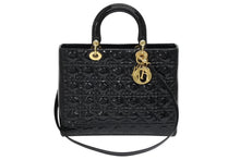 Load image into Gallery viewer, 極美品 Christian Dior クリスチャンディオール レディディオール ラージ カナージュ 2WAY ハンドバッグ 16-BO-0161 ブラック パテントレザー エナメル ゴールド金具 中古 4b011376