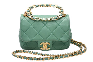 極美品 CHANEL シャネル ミニマトラッセ オーバル ロゴ チェイン ハンドルフラップバッグ ランダム番台 ラムスキン グリーン ゴールド金具 中古 4b011819
