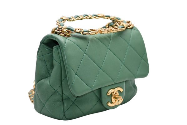 極美品 CHANEL シャネル ミニマトラッセ オーバル ロゴ チェイン ハンドルフラップバッグ ランダム番台 ラムスキン グリーン ゴールド金具 中古 4b011819