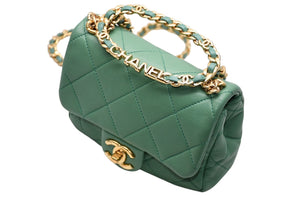 極美品 CHANEL シャネル ミニマトラッセ オーバル ロゴ チェイン ハンドルフラップバッグ ランダム番台 ラムスキン グリーン ゴールド金具 中古 4b011819