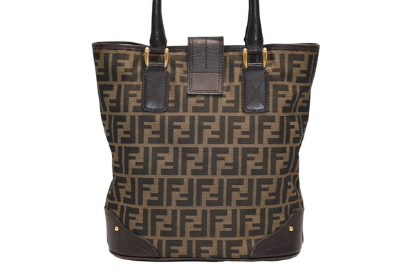 FENDI フェンディ ハンドバッグ ズッカ柄 イタリア製 キャンバス レザー ブラウン ゴールド金具 美品 中古 4b011838