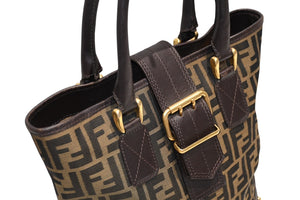 FENDI フェンディ ハンドバッグ ズッカ柄 イタリア製 キャンバス レザー ブラウン ゴールド金具 美品 中古 4b011838